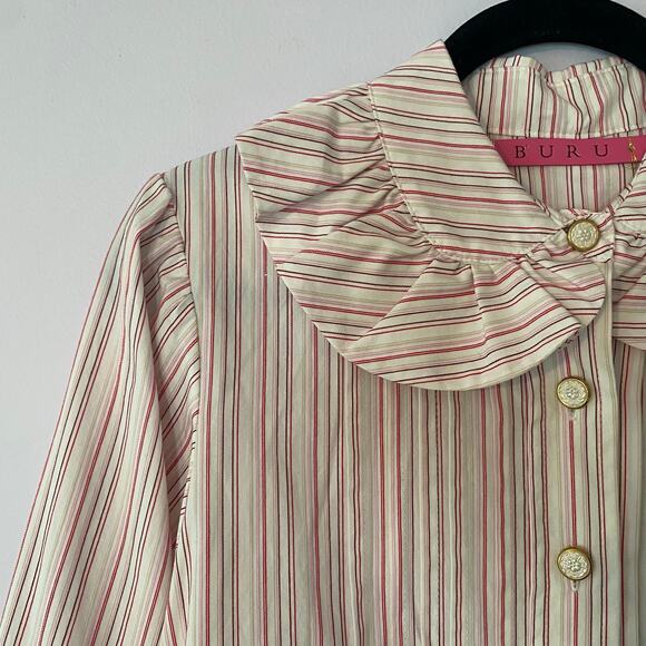 BURU Cream Pink Stripe Button Down Blouse Peter Pan Collar Women's size Medium - Picture 3 of 9